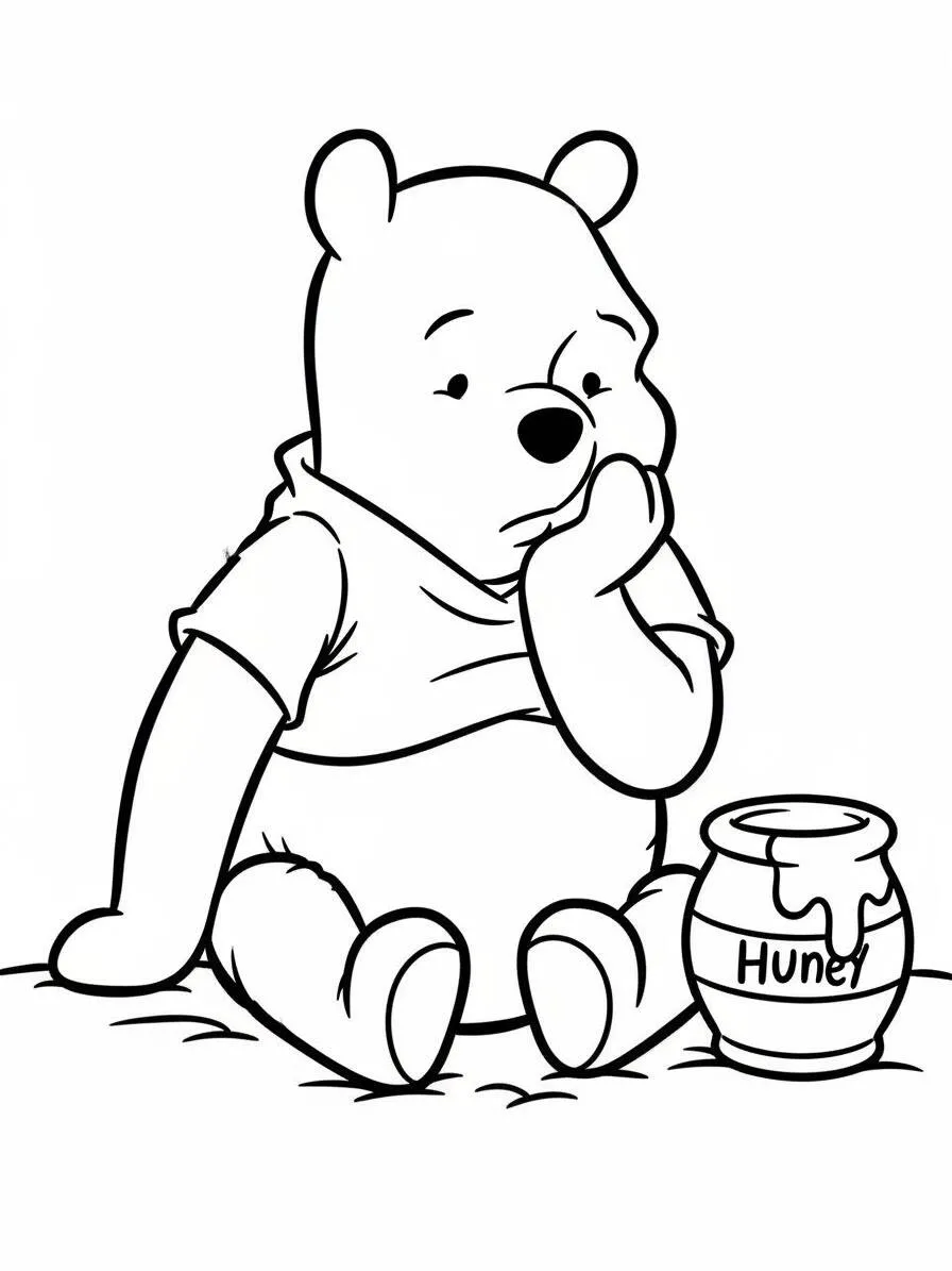 Nachdenklicher Winnie the Pooh mit Glas Honig Malseite