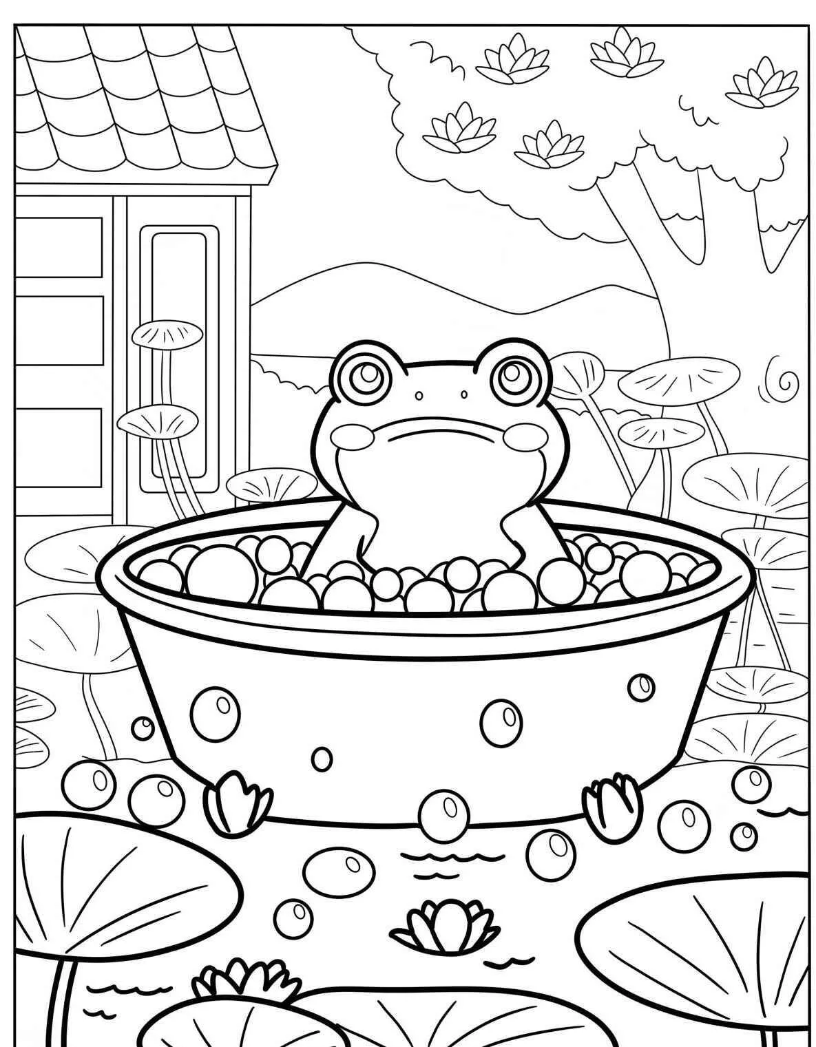 Desenho de Sapo Relaxando em uma Tigela com Lírios para Colorir