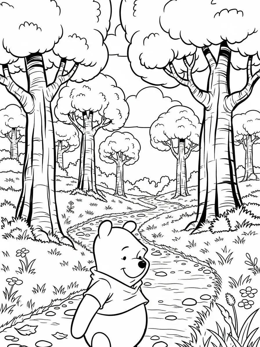 Desenho de Ursinho Pooh Caminhando pelo Bosque dos Cem Acres para Colorir