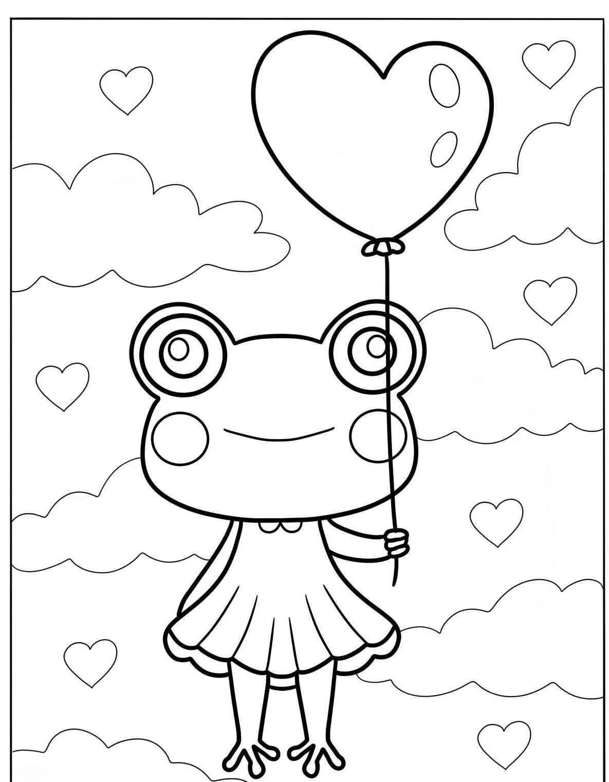 Desenho de Sapo com Balão em Forma de Coração para Colorir