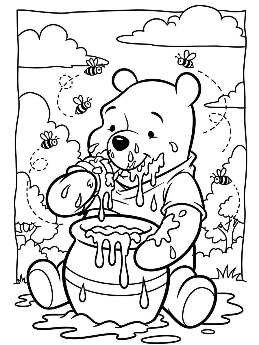 Desenho de Ursinho Pooh Comendo Mel para Colorir