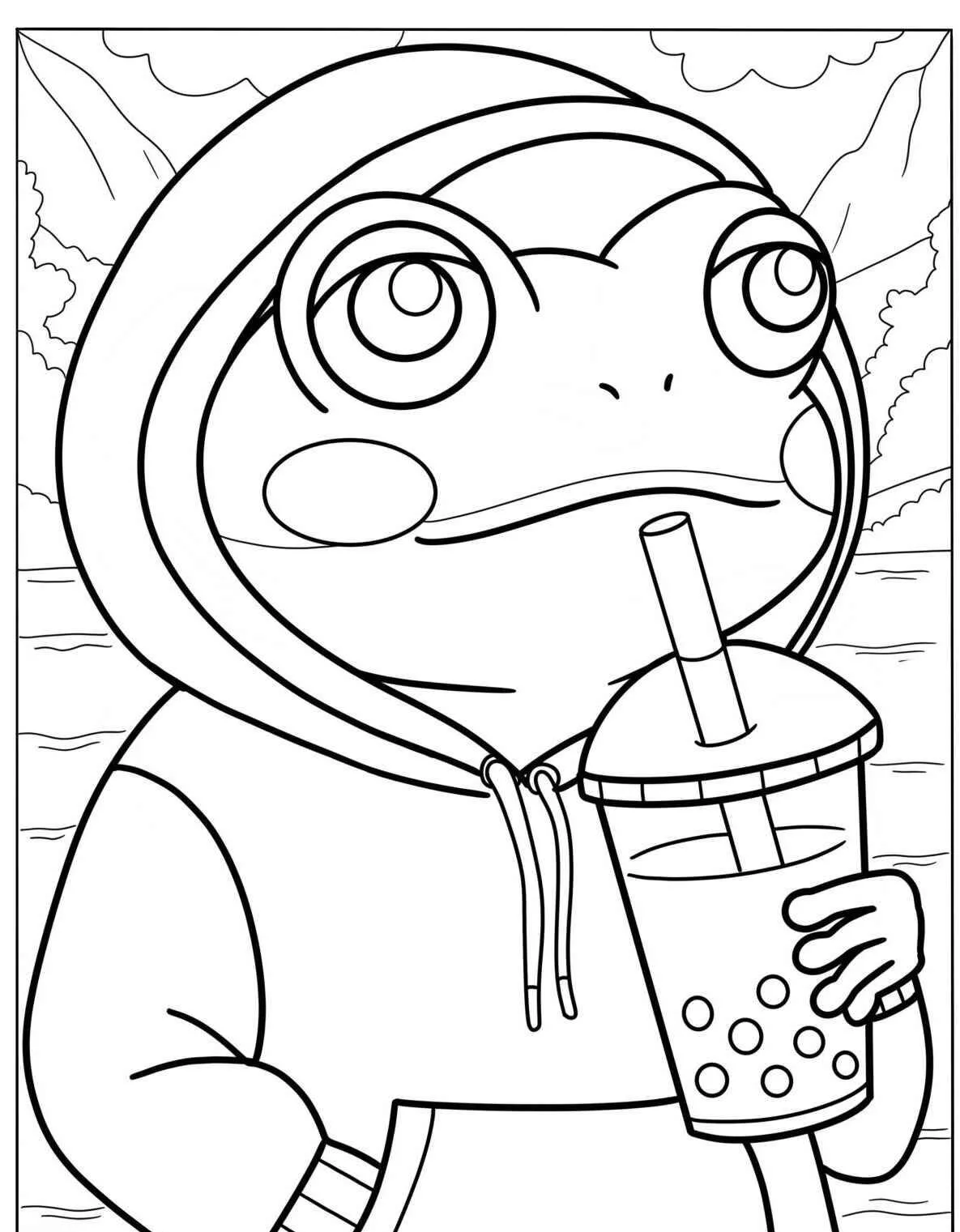 Desenho de Sapo Estiloso com Bebida para Colorir