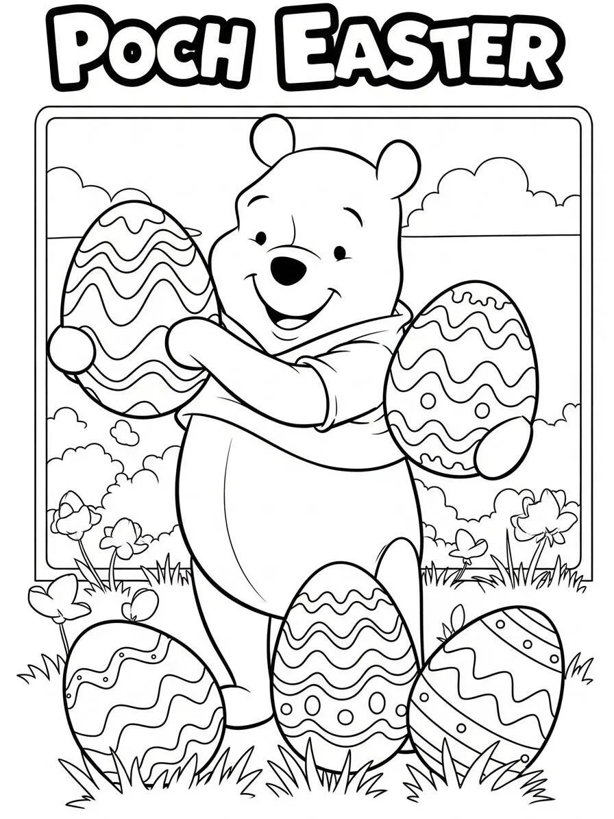Desenho de Ursinho Pooh com Ovos de Páscoa para Colorir