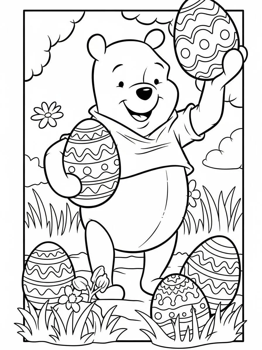 Desenho de Ursinho Pooh com Ovos de Páscoa para Colorir