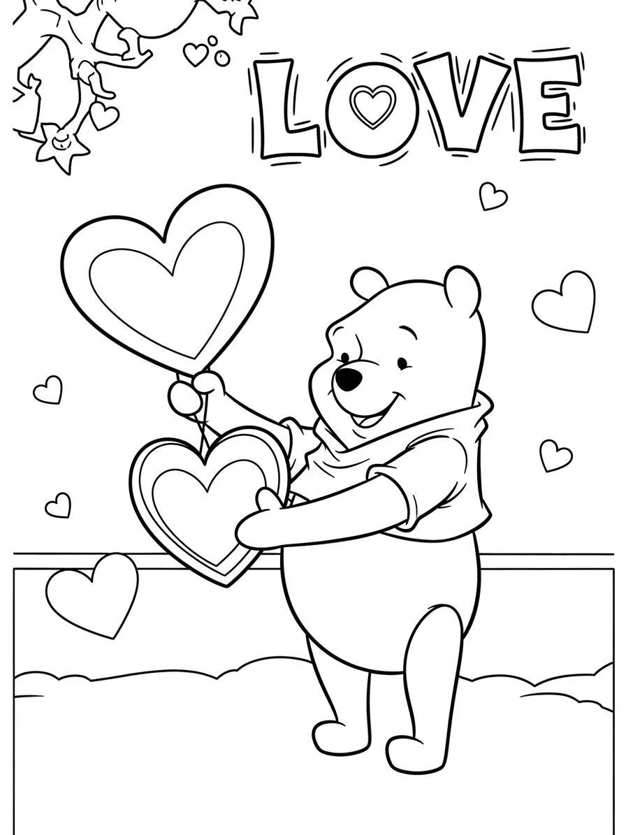 Desenho de Ursinho Pooh com Corações para Colorir