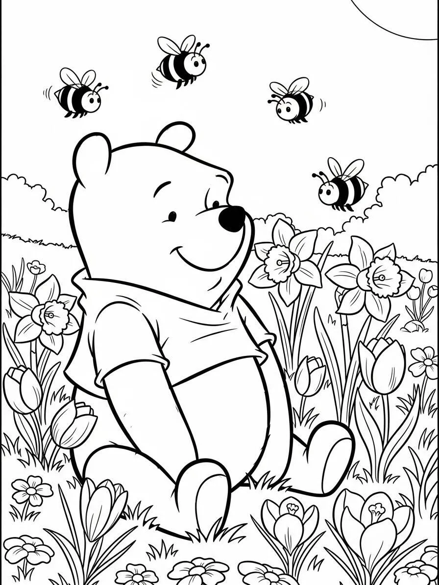 Winnie the Pooh nel giardino con le api da colorare
