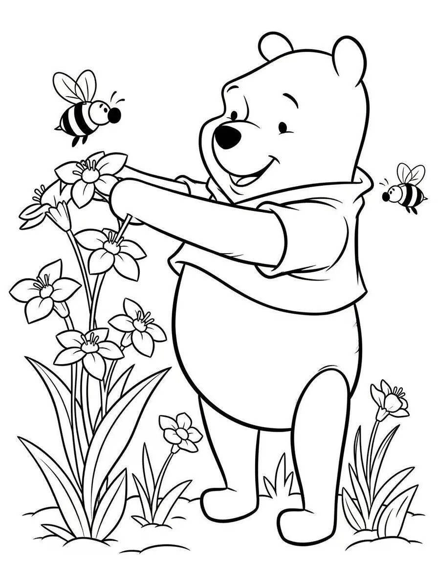 Desenho de Ursinho Pooh Brincando com Abelhas para Colorir