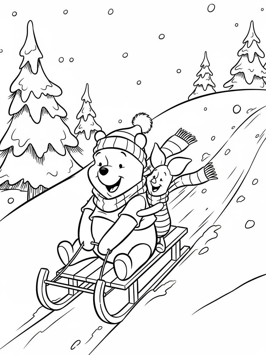 Desenho de Ursinho Pooh e Leitão Descendo a Ladeira de Trenó para Colorir
