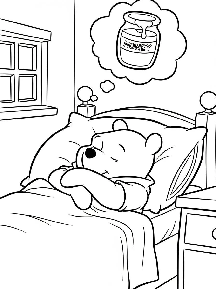 Desenho de Ursinho Pooh Dormindo com Pote de Mel para Colorir
