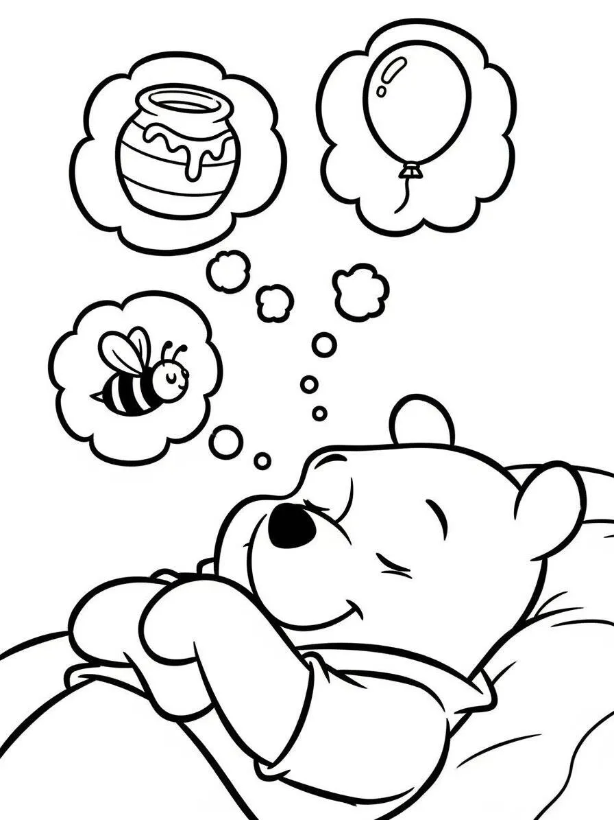Desenho de Ursinho Pooh Sonhando com Mel e Balões para Colorir