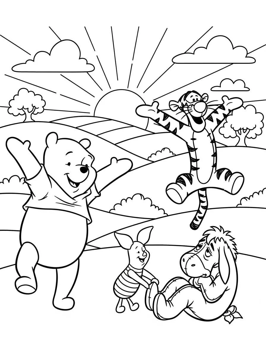 Desenho de Ursinho Pooh, Tigrão, Leitão e Bisonho para Colorir