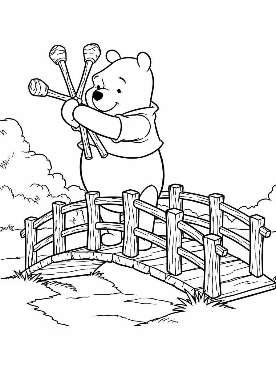 Desenho de Ursinho Pooh na Ponte com Bastões para Colorir