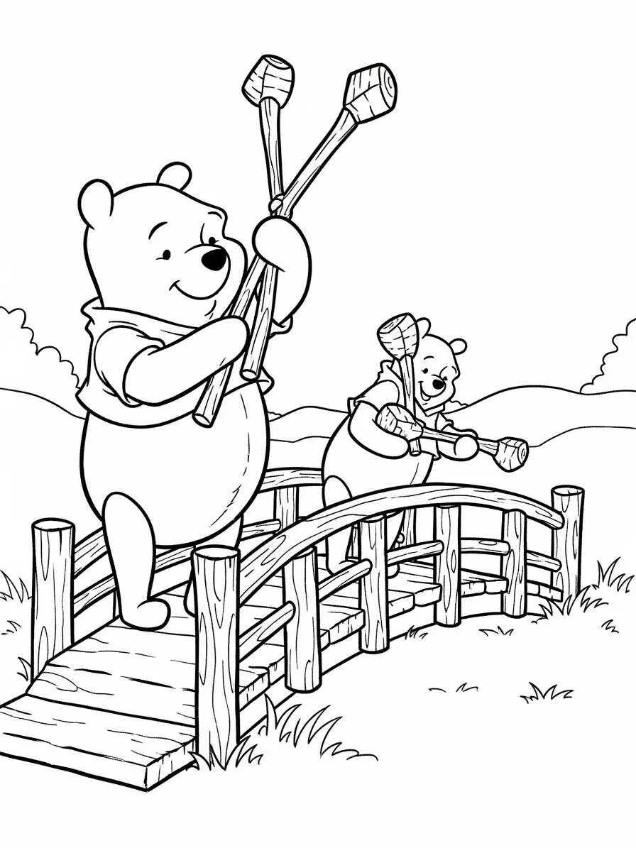 Desenho de Ursinho Pooh Brincando na Ponte para Colorir