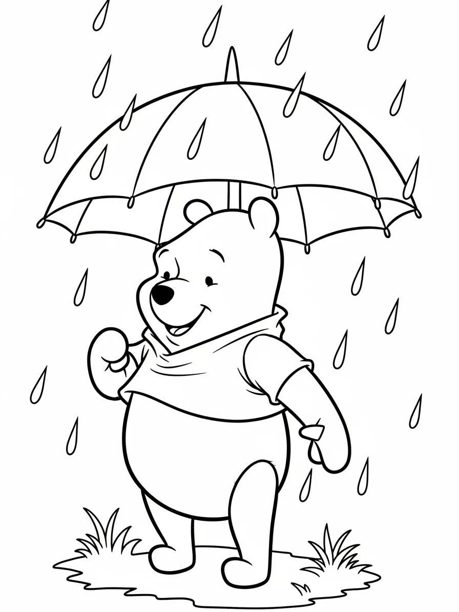 Desenho de Ursinho Pooh com Guarda Chuva na Chuva para Colorir