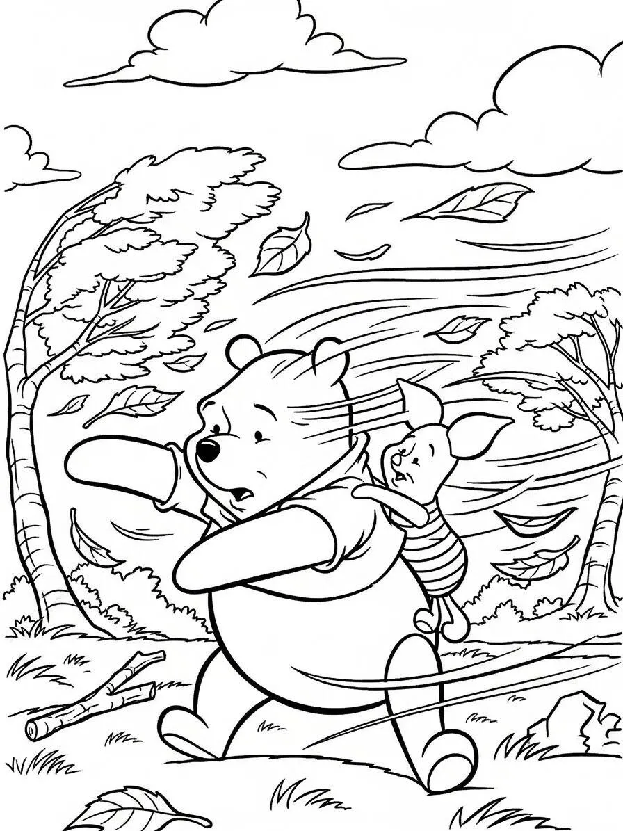 Desenho de Ursinho Pooh e Leitão Enfrentando o Vento para Colorir