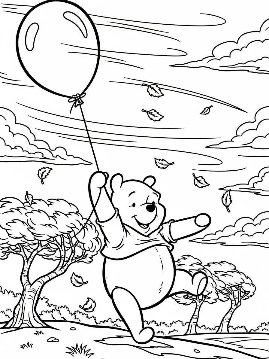 Desenho de Ursinho Pooh a Flutuar com Balão para Colorir