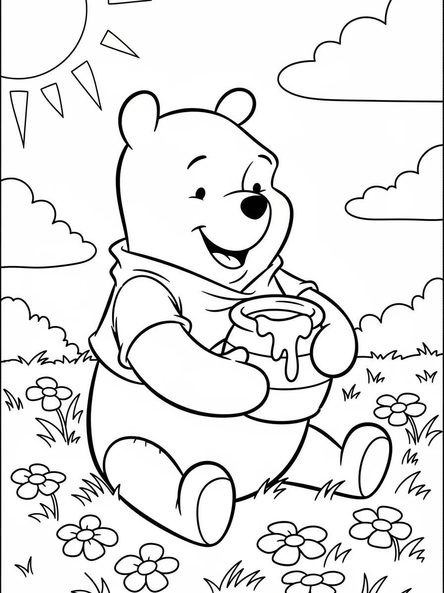 Desenho de Ursinho Pooh Sentado com Pote de Mel para Colorir