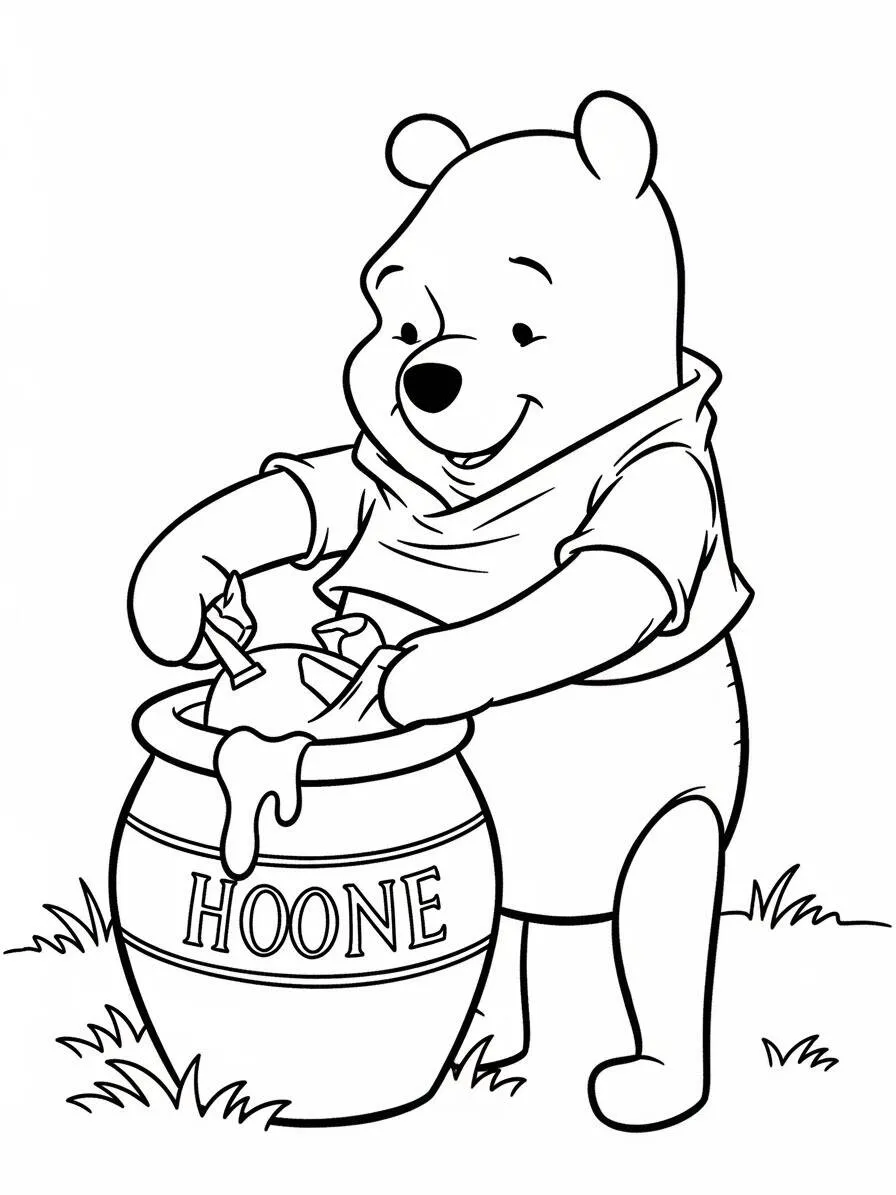 Desenho de Ursinho Pooh Pegando Mel para Colorir