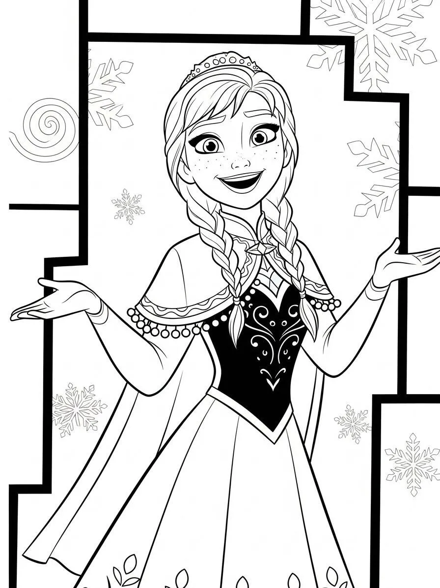 Dibujo para colorear Anna de Frozen con sonrisa y vestido elegante