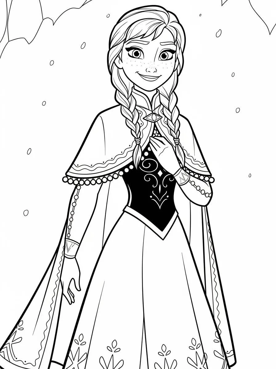 Anna de Frozen con capa y elegante vestido para colorear