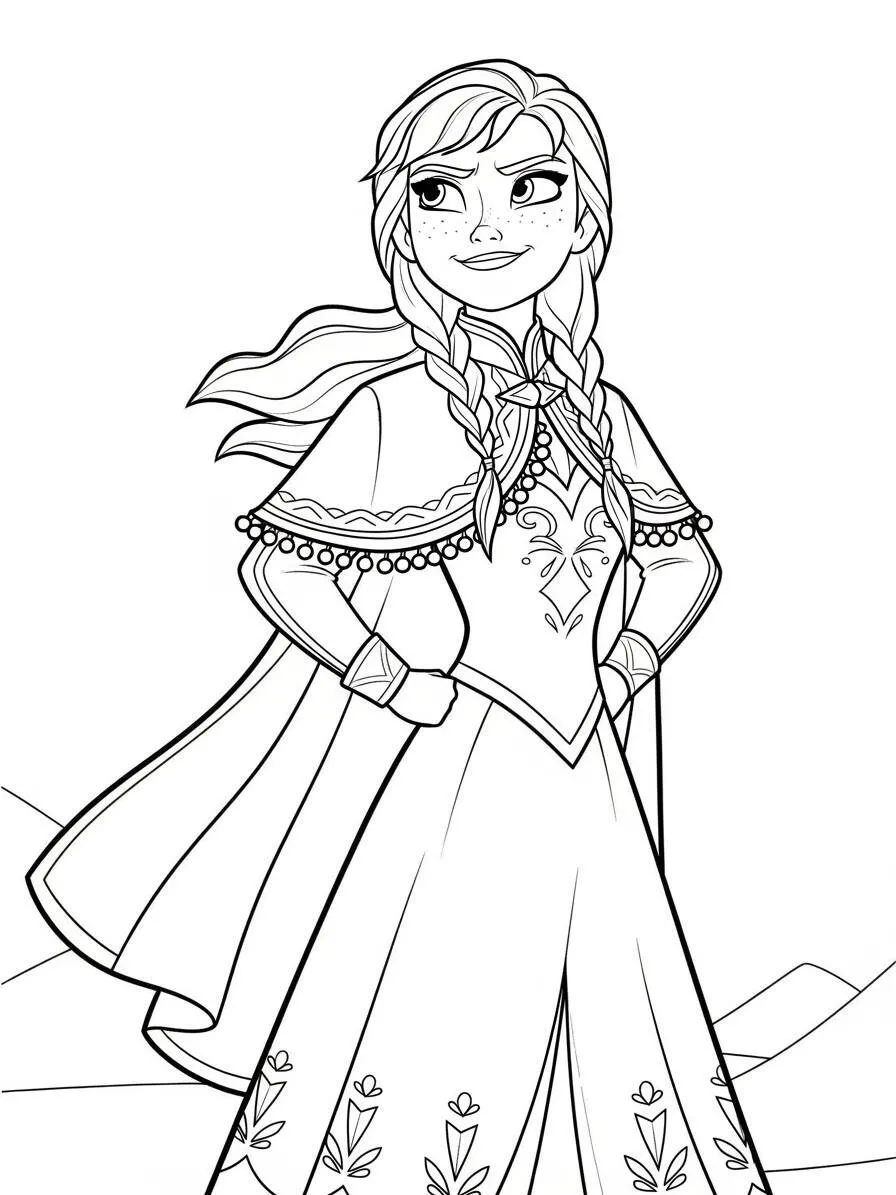 Anna de Frozen con capa y elegante vestido para colorear