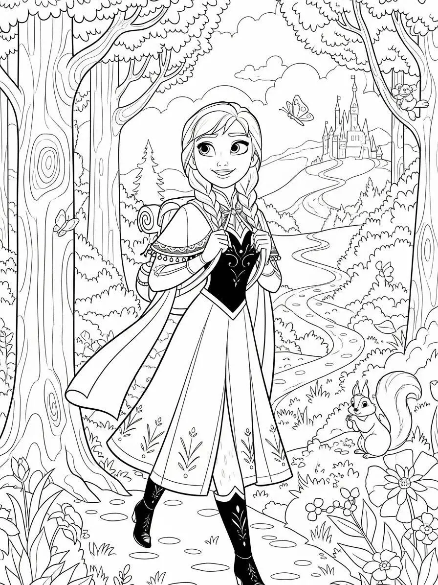 Anna de Frozen caminando por el bosque para colorear