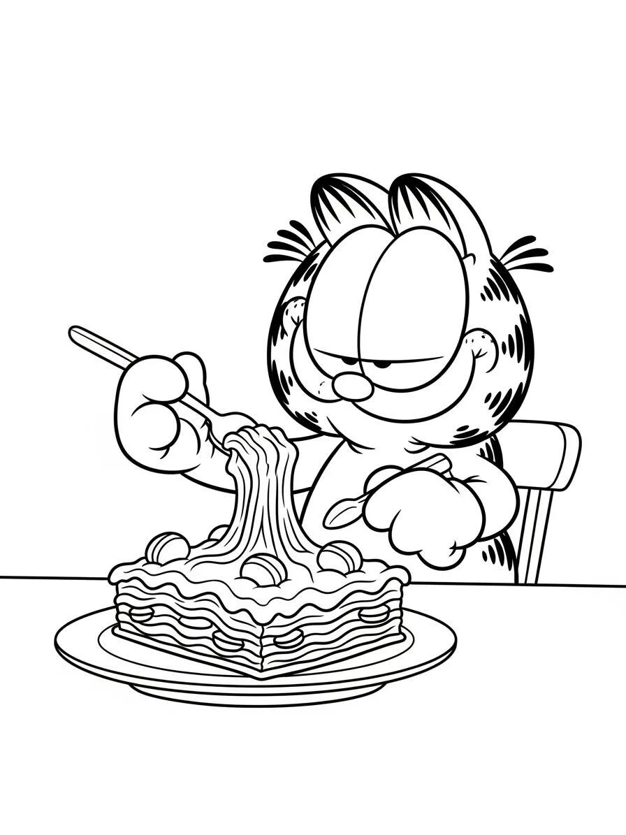 Desenho de Garfield a Comer Lasanha para Colorir