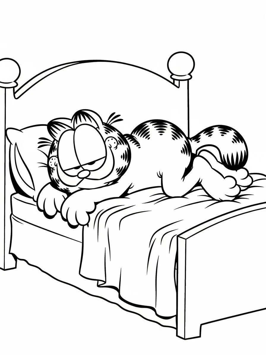 Desenho de Garfield a Dormir na Cama para Colorir