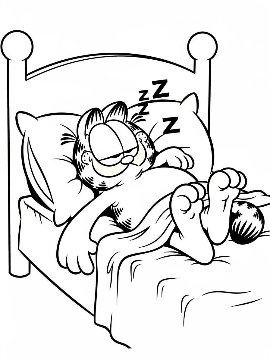 Desenho de Garfield a Dormir na Cama para Colorir