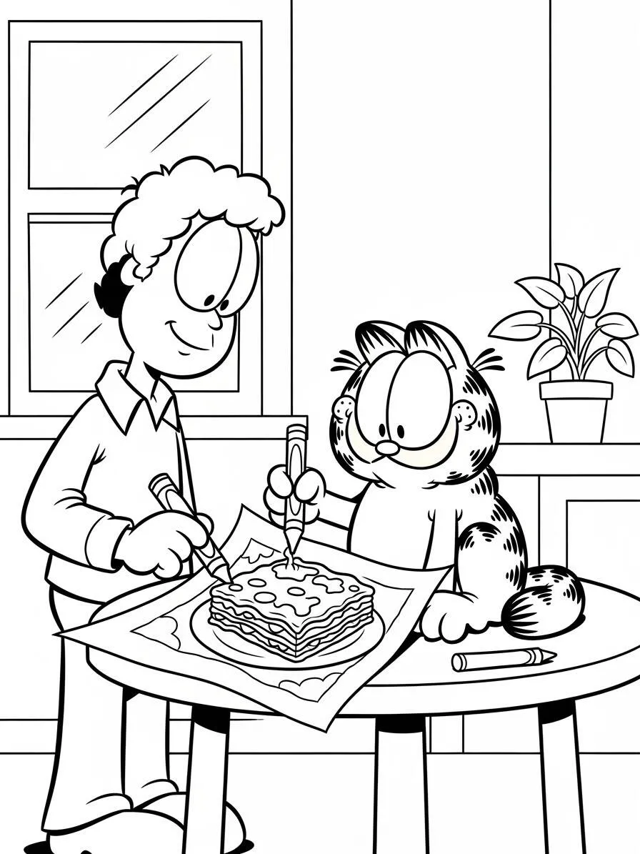 Desenho de Garfield e Jon Decorando um Bolo para Colorir