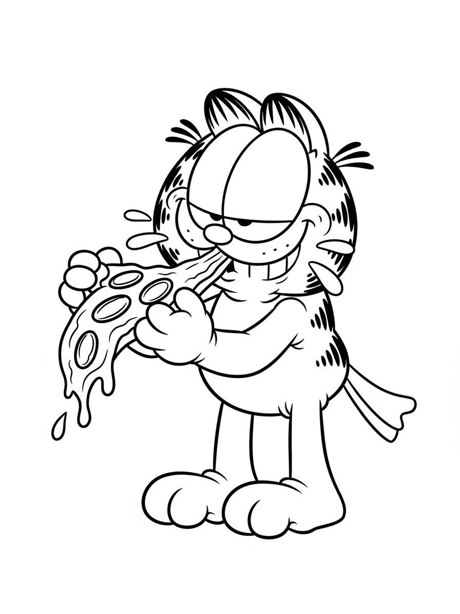 Desenho de Garfield a Comer Pizza para Colorir