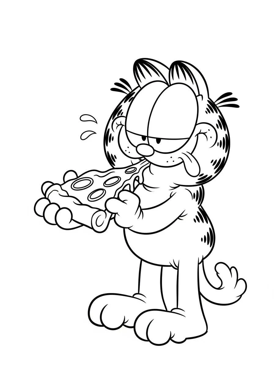 Desenho de Garfield a Comer Pizza para Colorir