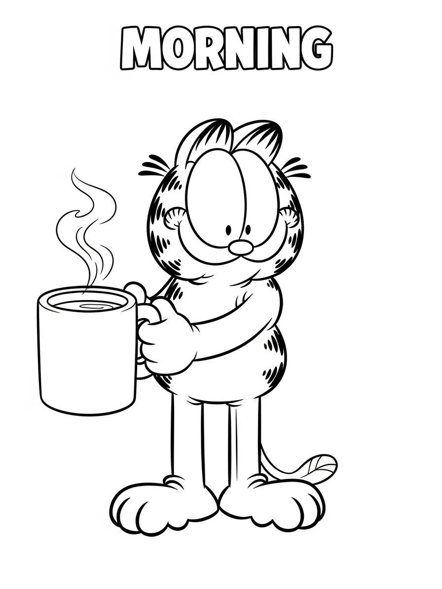 Desenho de Garfield a Segurar uma Caneca de Café para Colorir
