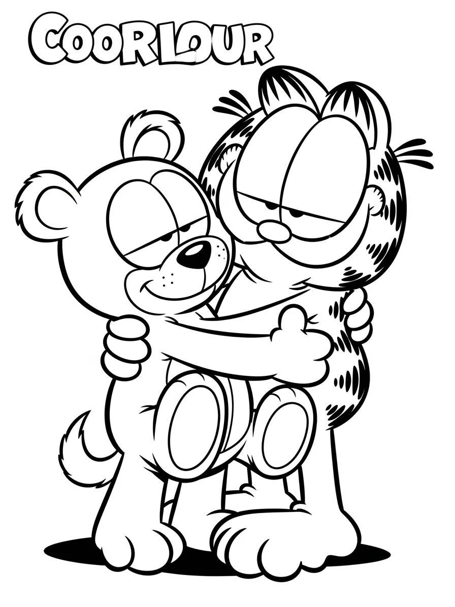 Desenho de Garfield Abraçando um Urso para Colorir