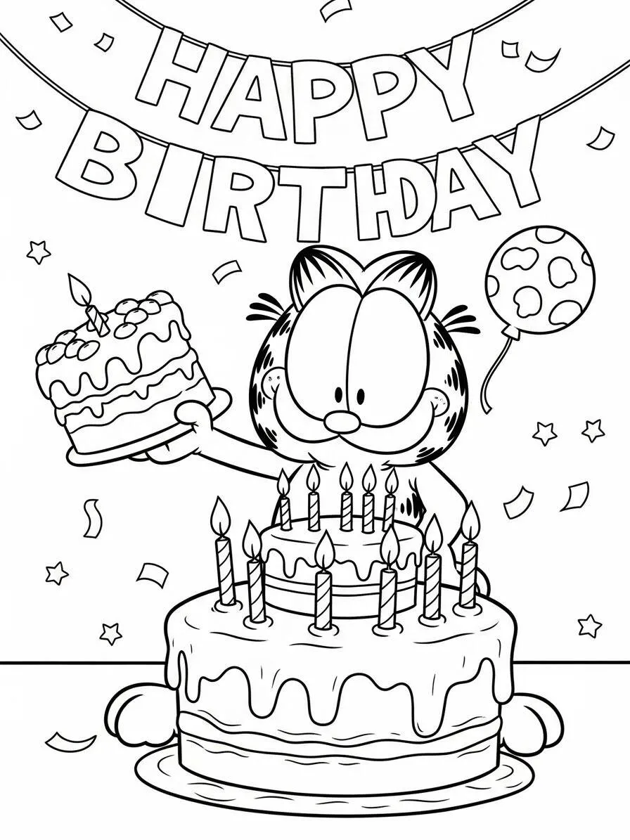 Desenho de Garfield Celebrando Aniversário para Colorir