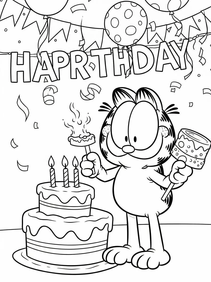 Desenho de Garfield Celebrando Aniversário para Colorir