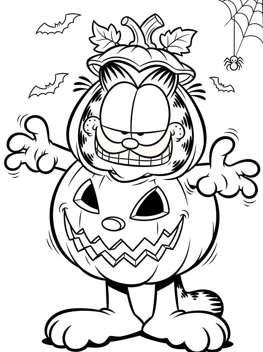 Coloriage Garfield à Halloween avec citrouille