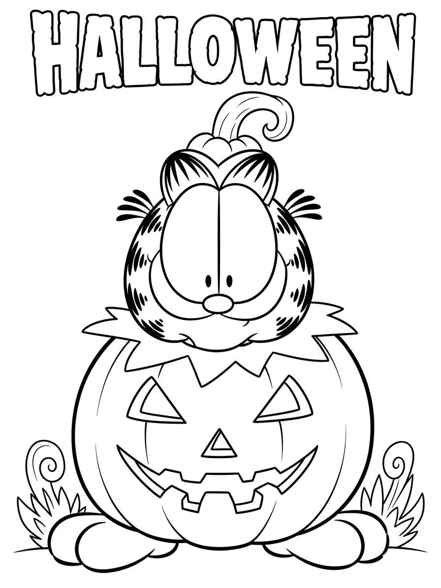 Desenho de Garfield no Halloween com Abóbora para Colorir