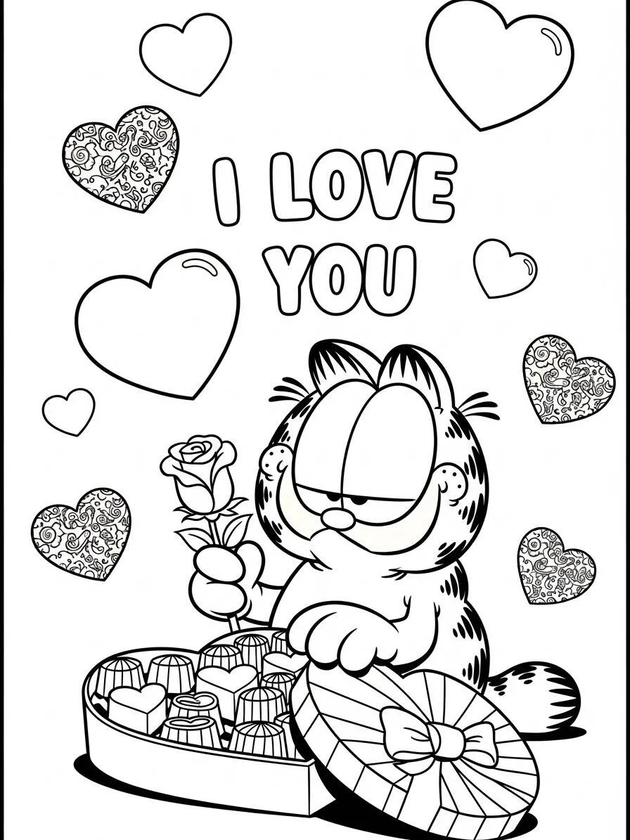 Desenho de Garfield com Coração e Chocolates para Colorir