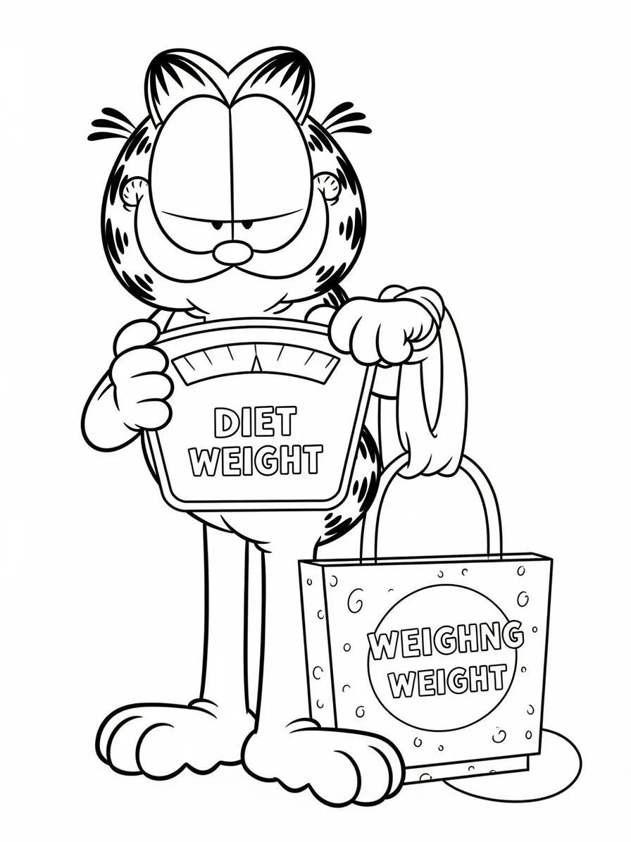 Desenho de Garfield a Pesquisar seu Peso para Colorir