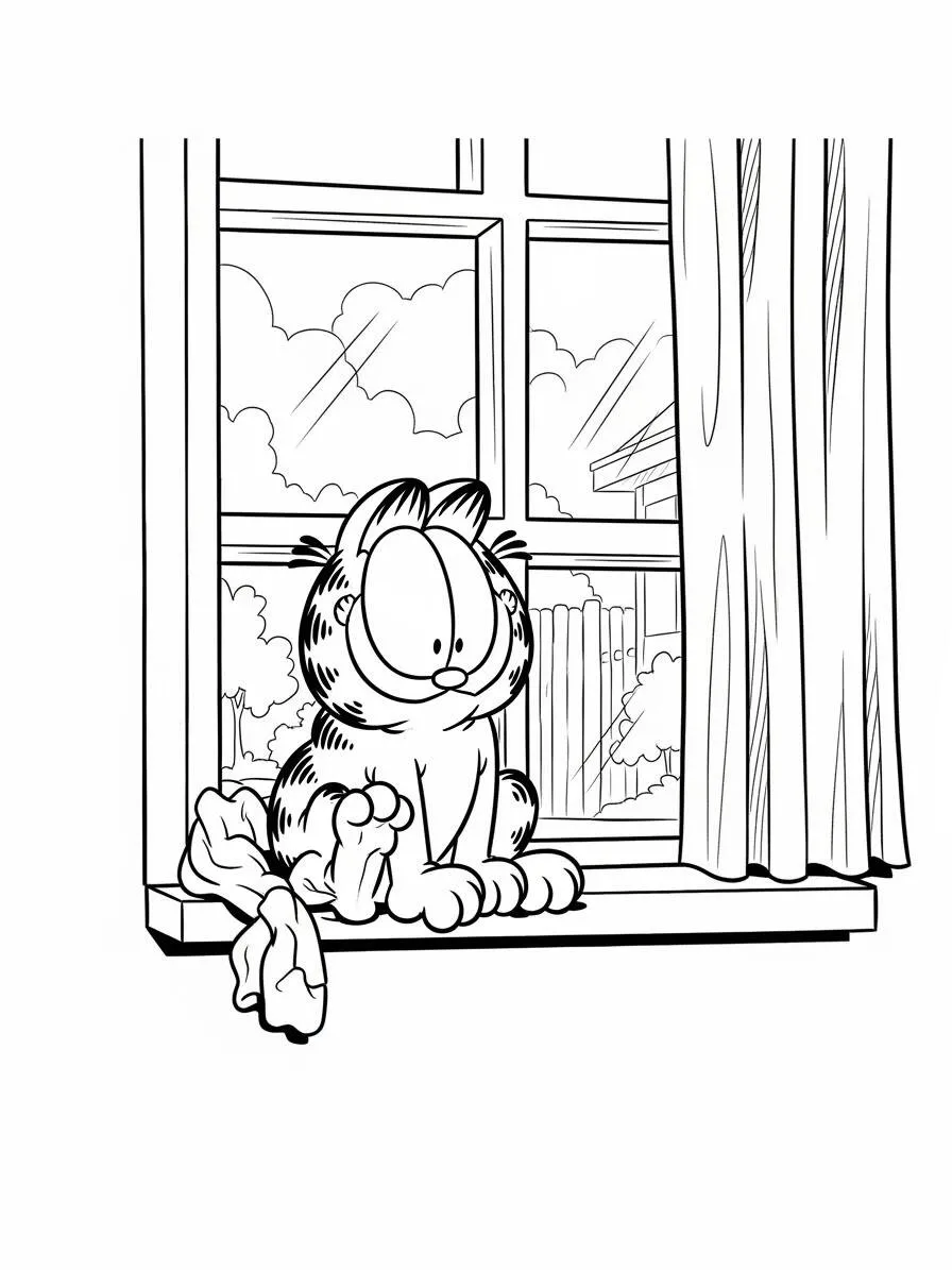 Desenho de Garfield a Olhar pela Janela para Colorir