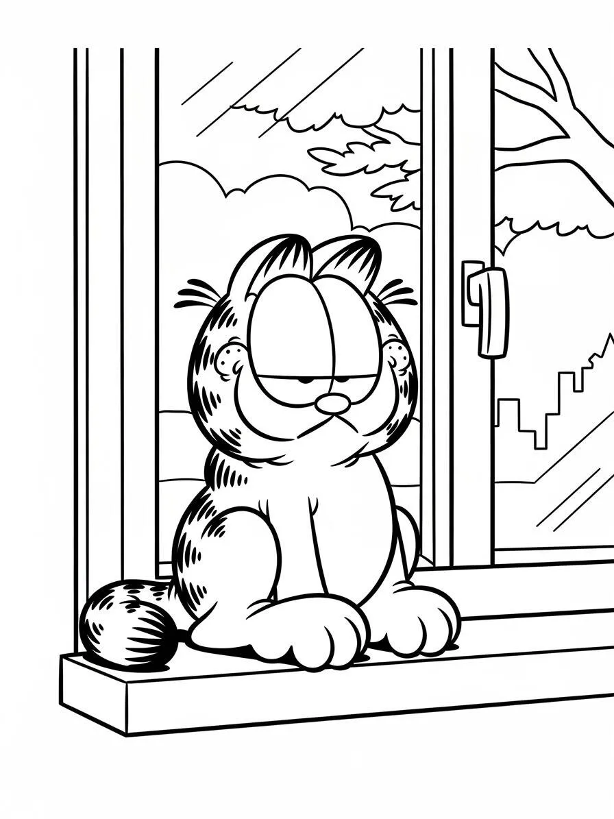 Desenho de Garfield na Janela para Colorir