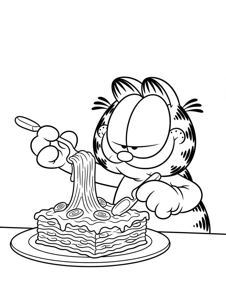 Desenho de Garfield a Comer Lasanha para Colorir