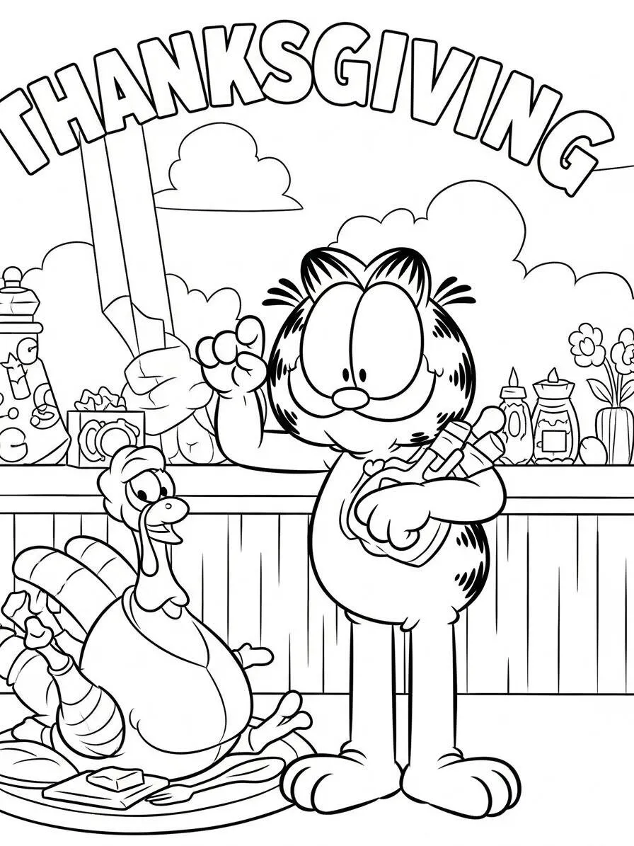 Desenho de Garfield no Dia de Ação de Graças com Peru para Colorir