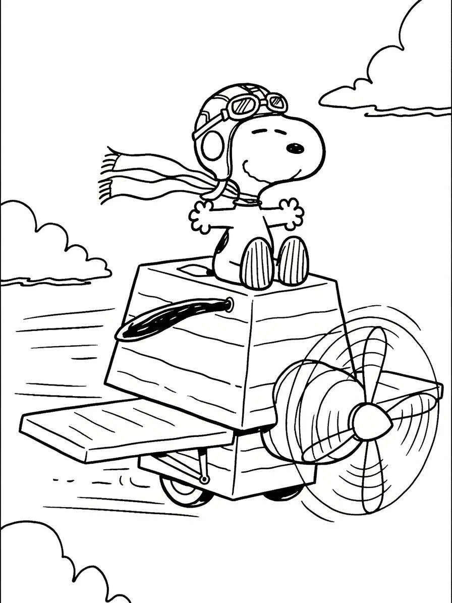 Desenho de Snoopy Aviador em Seu Avião para Colorir