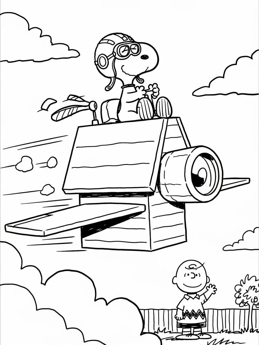 Desenho de Snoopy Aviador em Seu Avião para Colorir