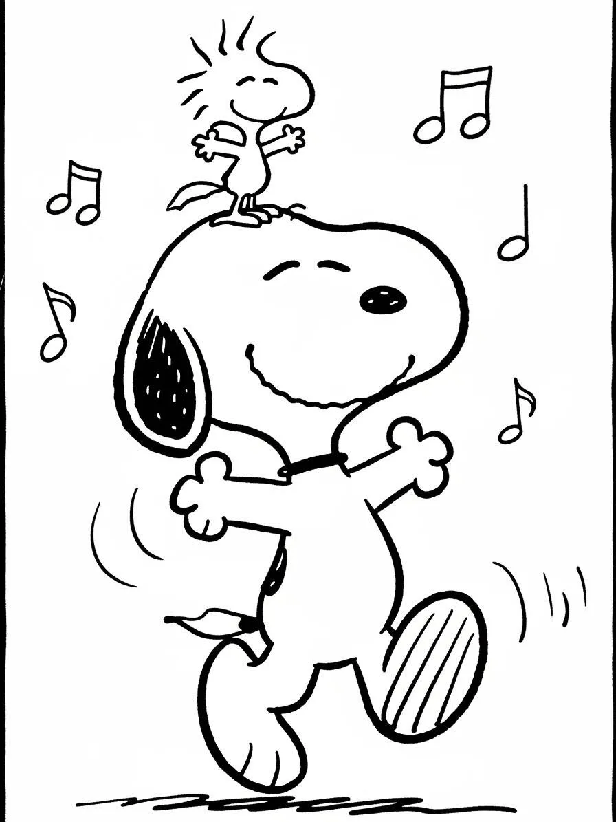 Desenho de Snoopy a Dançar com Woodstock para Colorir