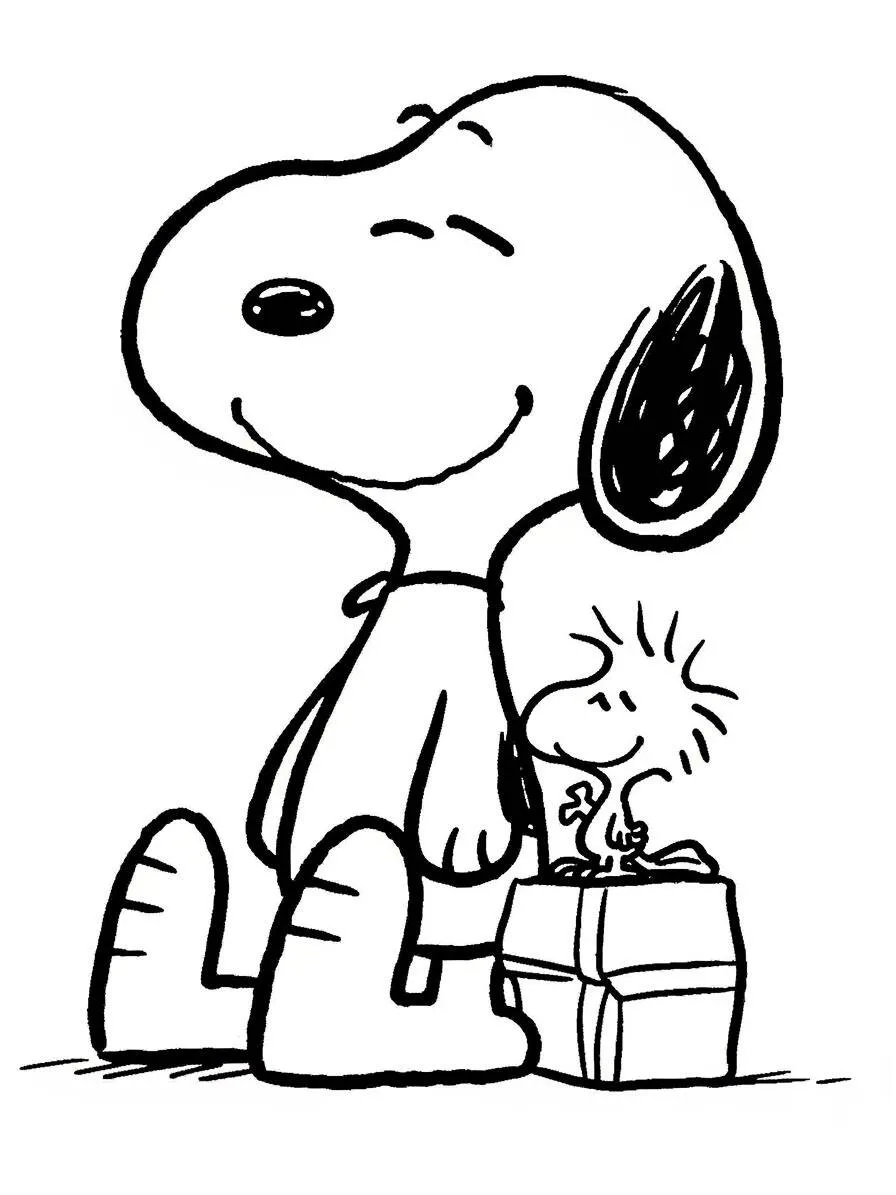 Desenho de Snoopy com Woodstock em uma Caixa para Colorir