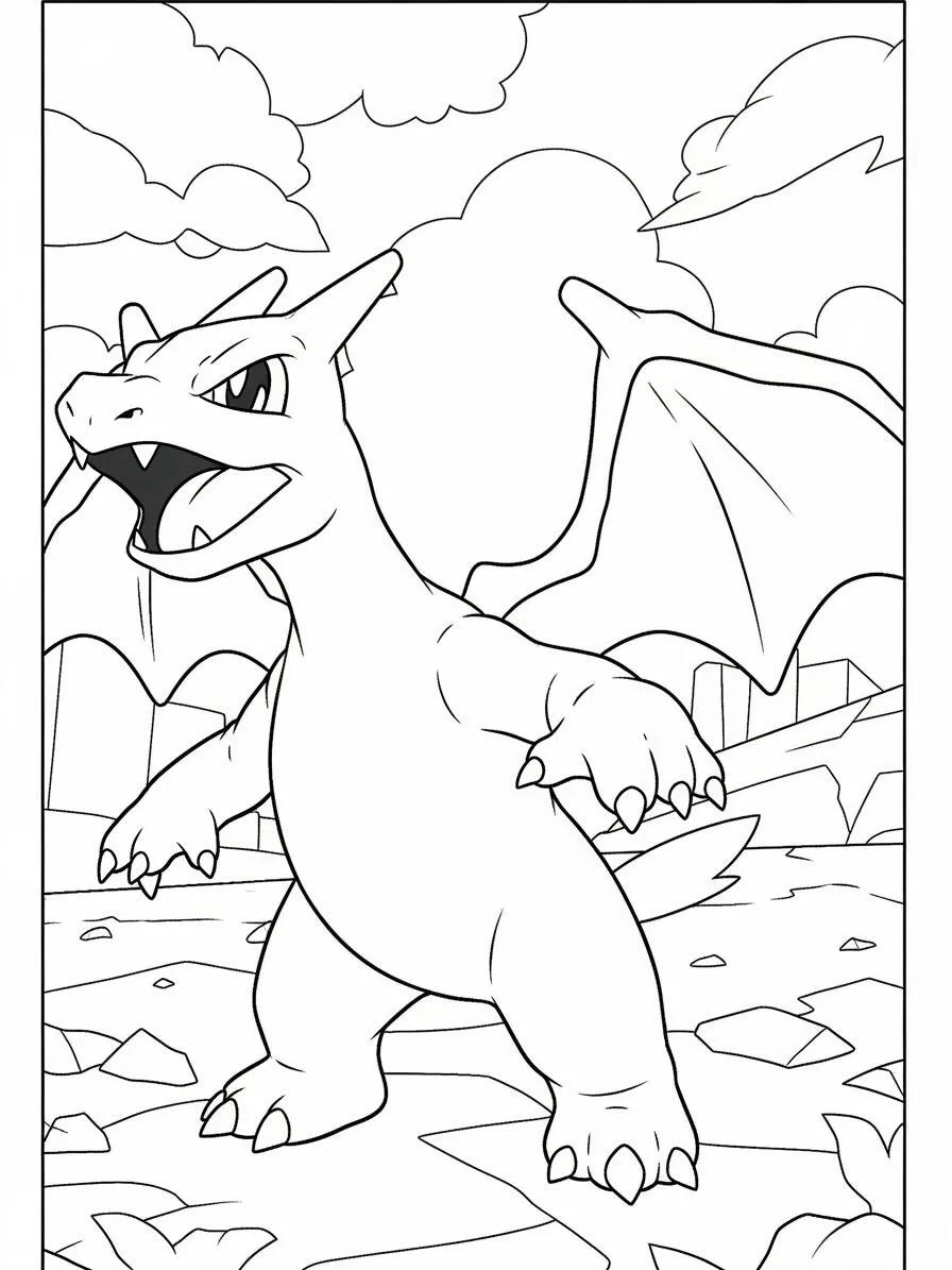 Desenho de Charizard em uma Pose Poderosa para Colorir