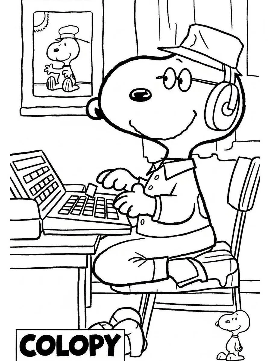 Desenho de Snoopy a Escrever na Máquina de Escrever para Colorir